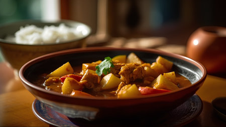 Pork curry with potatoes and vegetables in a clay bowl on a wooden tableの素材
