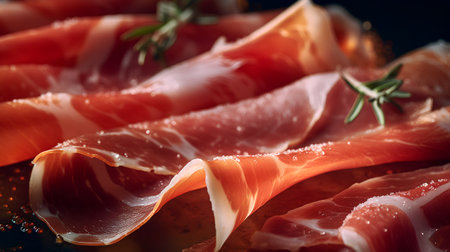 Prosciutto with rosemary on a black background. Toned.の素材