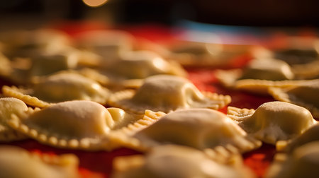 Ravioli on a red background. Selective focus. Toned.の素材
