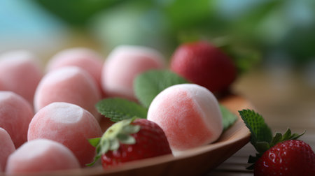 Sweet strawberry candies with mint leaves on wooden table, closeupの素材