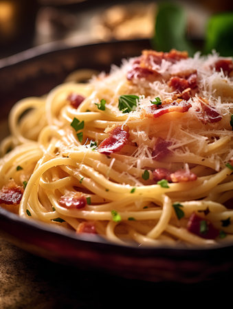 Spaghetti Carbonara with bacon and parmesan cheese. Italian cuisine.の素材