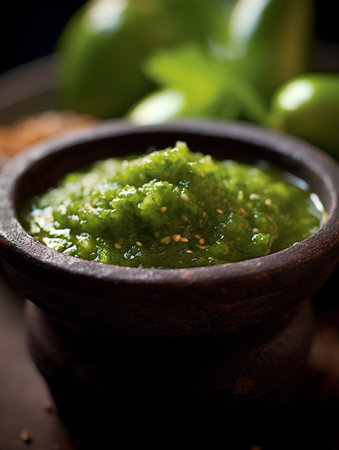 Green pesto sauce in a bowl on a wooden background. Selective focus.の素材