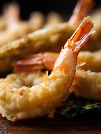 Fried Shrimp Tempura on wooden background. Seafood.の素材