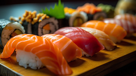 Sushi set on a wooden plate on a dark background. Toned.の素材