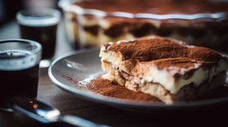 Tiramisu cake on a plate with coffee in the backgroundの素材