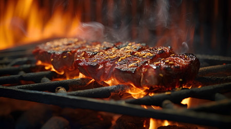 Slices of grilled beef on the grill, close-upの素材