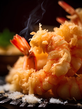 Fried shrimps with salt on a dark background. Selective focus.の素材