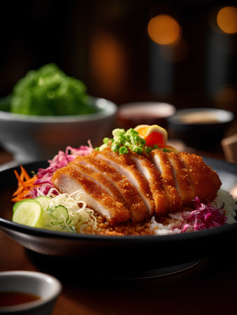 japanese cuisine. fried pork with rice and vegetables on backgroundの素材