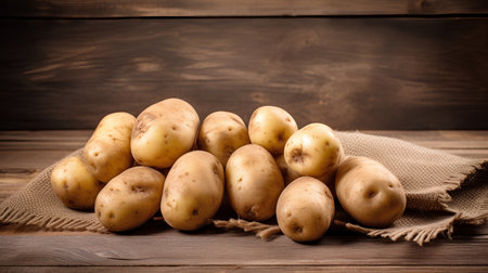 Fresh potatoes on wooden background. Rustic style. Selective focus.の素材