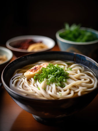 Japanese udon noodle soup with green onion and garlic on wooden backgroundの素材