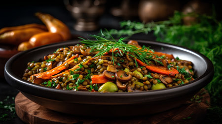 Lentils stew with carrots and mushrooms. Selective focus.の素材