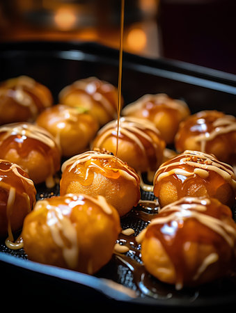Takoyaki is Japanese confectionery. Topped with sweet caramel sauce.の素材