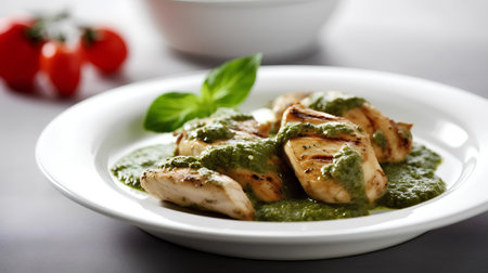Grilled chicken fillet with pesto sauce on a white plateの素材