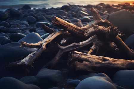 Beautiful seascape with driftwood on the beach at sunset.の素材