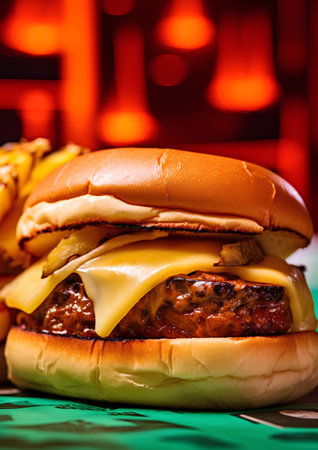 Cheese burger - American cheese burger with Golden French fries potatoes on a wooden backgroundの素材