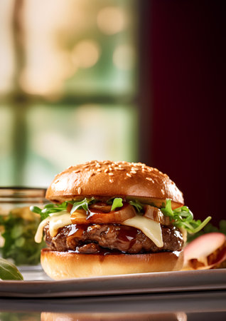 Delicious hamburger with beef, cheese and arugula on the tableの素材