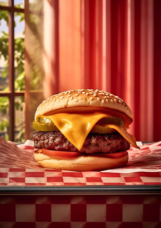Cheeseburger on a checkered tablecloth with a window in the backgroundの素材