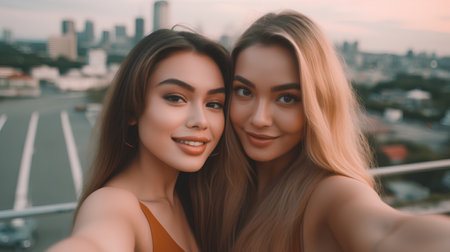 Photo pour Two beautiful girls take a selfie on the background of the city. - image libre de droit