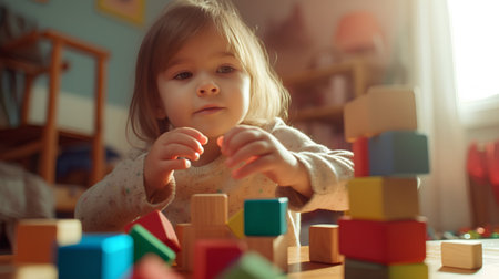 Cute little girl playing with colorful wooden blocks in her room at homeの素材
