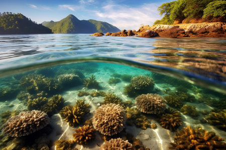 Coral reef and crystal clear water in tropical sea at sunny dayの素材