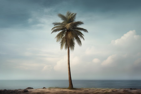 Palm tree on the seashore under a cloudy sky.の素材