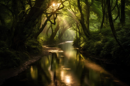 River in the rainforest at night with sun rays and long exposureの素材