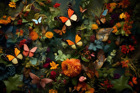 Floral background with butterflies and flowers. Floral collage.の素材