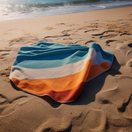 Colorful towel on the sandy beach of the Mediterranean Sea in Egyptの素材
