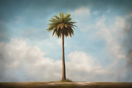 Palm tree in the cloudy sky. 3d render illustration.の素材