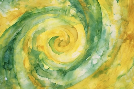 Watercolor abstract background with yellow, green and yellow spirals.の素材