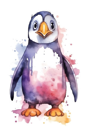 Watercolor penguin isolated on white background. Hand drawn illustration.の素材