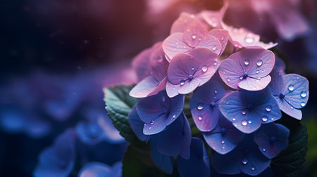 Beautiful hydrangea flowers with raindrops on the petals.の素材