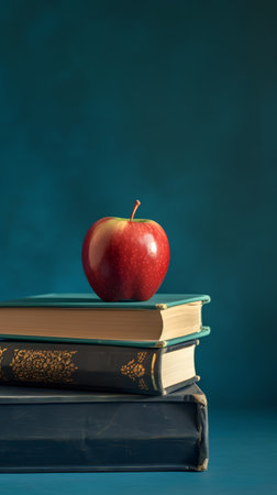 Books and apple on a blue background. Back to school concept.の素材
