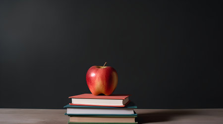 Stack of books and apple on wooden table in front of blackboardの素材