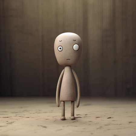 Funny wooden man with sad face. 3d render illustration.の素材