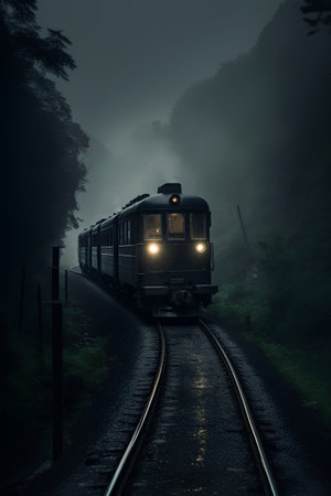 Train on the railway in the misty forest at night. 3d renderingの素材