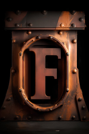 The letter F in the form of a rivet on a dark backgroundの素材