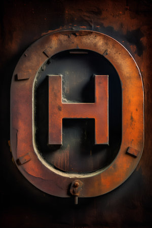 Industrial metal letter H, 3D rendering, textured backgroundの素材