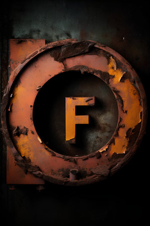 Old rusty metal letter F. 3D rendering, textured backgroundの素材