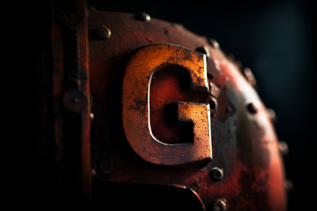 3d rendering of an old rusty metal letter g in closeupの素材