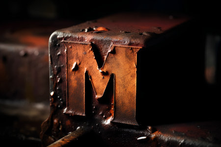 The letter M in the old rusty metal. Shallow depth of field. Toned.の素材