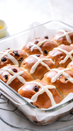 Hot cross buns with raisins in a glass baking dishの素材