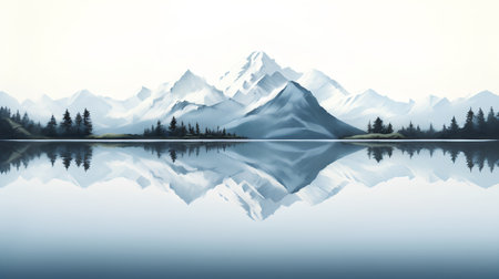 Mountain landscape with lake and reflection in water. 3d illustrationの素材