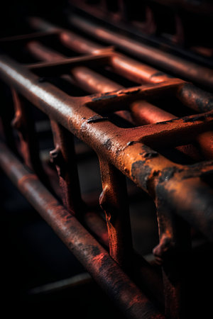 Rusty iron bars. Industrial background. Selective focus. Toned.の素材