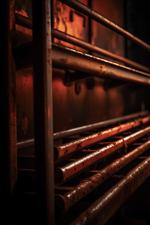 A closeup shot of some rusty metal pipes in a boiler roomの素材