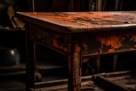 Close up of an old rusty table in a workshop. Selective focus. Toned.の素材