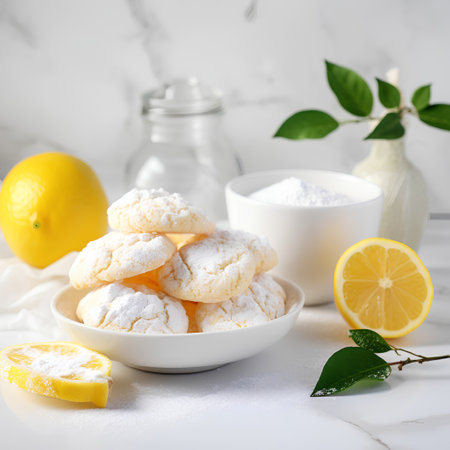 Lemon cookies with powdered sugar on a light background. Selective focus.の素材