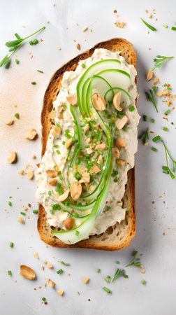 Toast with cucumber, cream cheese and nuts on a white backgroundの素材