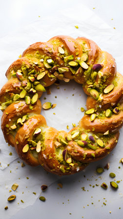 Bagel with pistachios and almonds on a white backgroundの素材