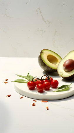 Avocado, cherry tomatoes and olives on white marble table with copy spaceの素材